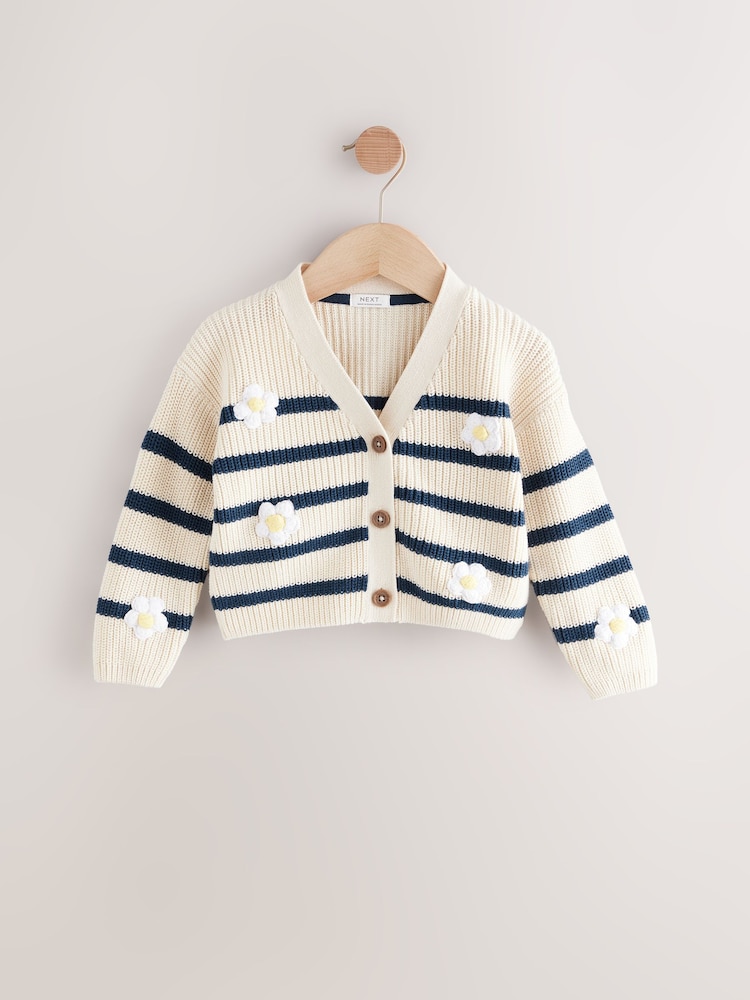 White Daisy Stripe V-Neck 100% Cotton Cardigan (3mths-7yrs) - Image 5 of 8