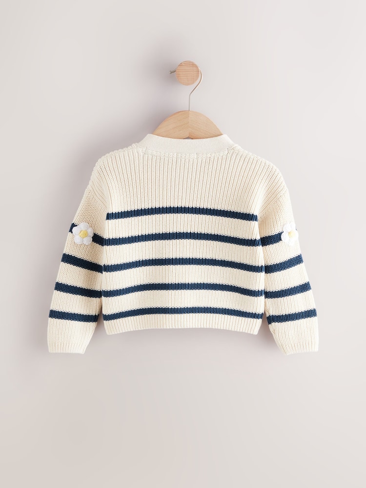 White Daisy Stripe V-Neck 100% Cotton Cardigan (3mths-7yrs) - Image 6 of 8