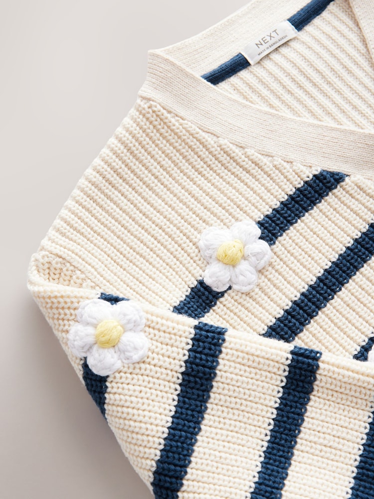White Daisy Stripe V-Neck 100% Cotton Cardigan (3mths-7yrs) - Image 7 of 8