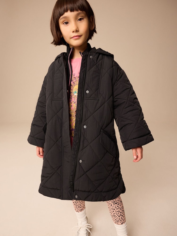 Black Shower Resistant Diamond Quilt Design with Rib Cuff Coat (3-16yrs) - Image 1 of 12