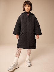 Black Shower Resistant Diamond Quilt Design with Rib Cuff Coat (3-16yrs) - Image 2 of 12