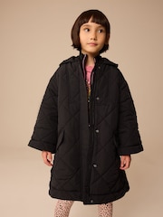 Black Shower Resistant Diamond Quilt Design with Rib Cuff Coat (3-16yrs) - Image 4 of 12