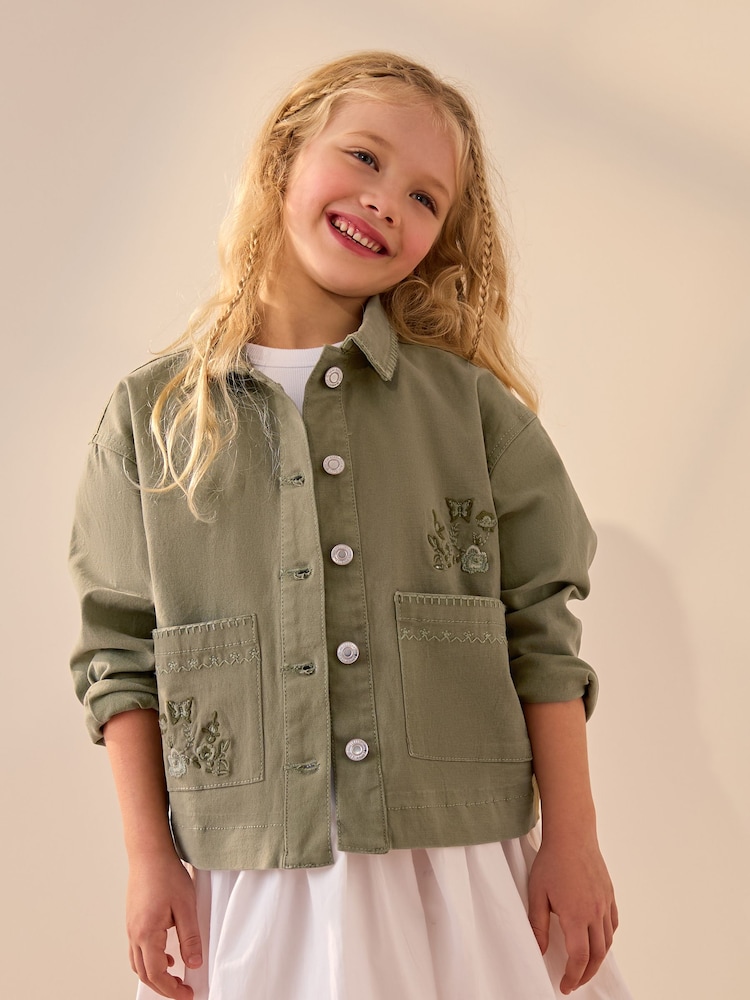 Khaki Floral Embroidered Shacket (3-16yrs) - Image 1 of 7