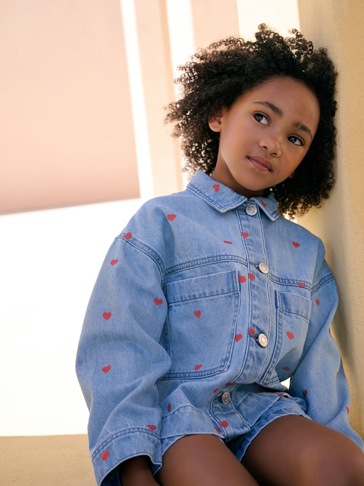 Denim Heart Emb 100% Cotton Shacket and Shorts Set (3-16yrs) - Image 3 of 3
