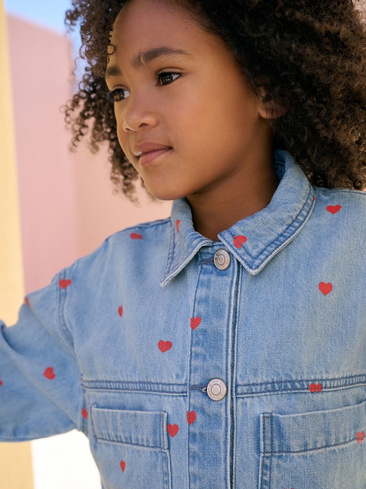 Denim Heart Emb 100% Cotton Shacket and Shorts Set (3-16yrs) - Image 4 of 7