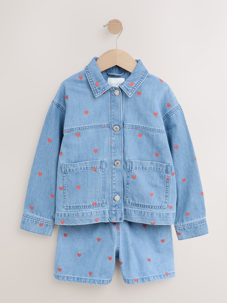 Denim Heart Emb 100% Cotton Shacket and Shorts Set (3-16yrs) - Image 5 of 7
