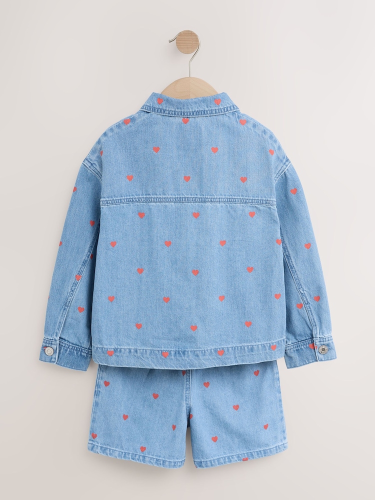Denim Heart Emb 100% Cotton Shacket and Shorts Set (3-16yrs) - Image 6 of 7