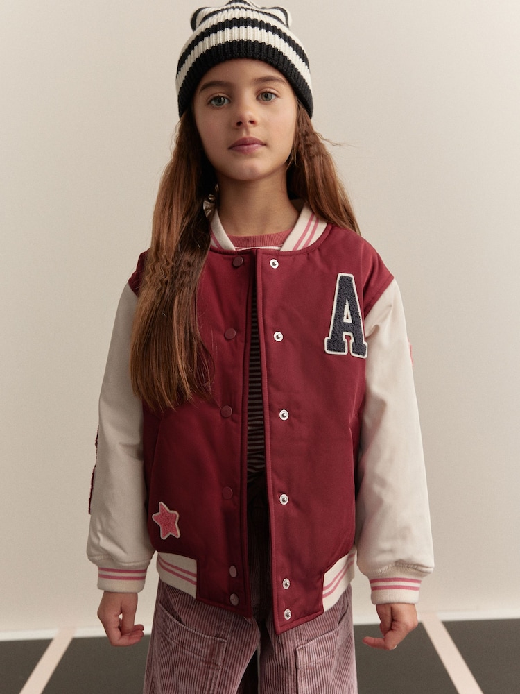 Burg/White - Shower Resistant Varsity Bomber Jacket (3-16yrs) - Image 1 of 16 Burg/White - Shower Resistant Varsity Bomber Jacket (3-16yrs) - Image 1 of 16