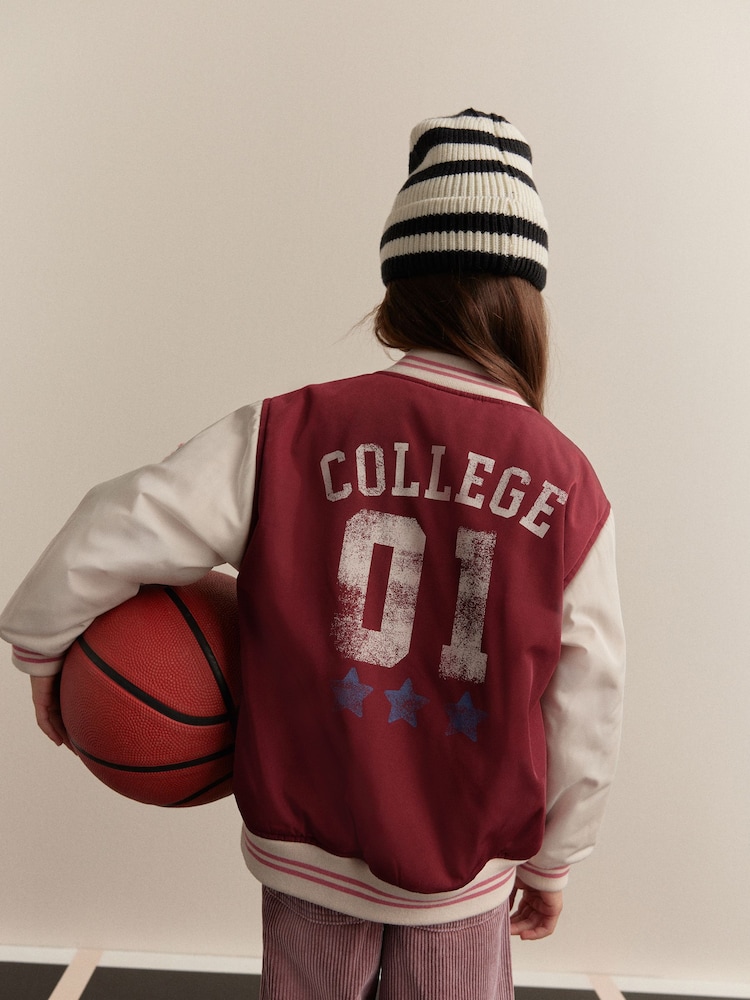 Burg/White Shower Resistant Varsity Bomber Jacket (3-16yrs) - Image 6 of 16