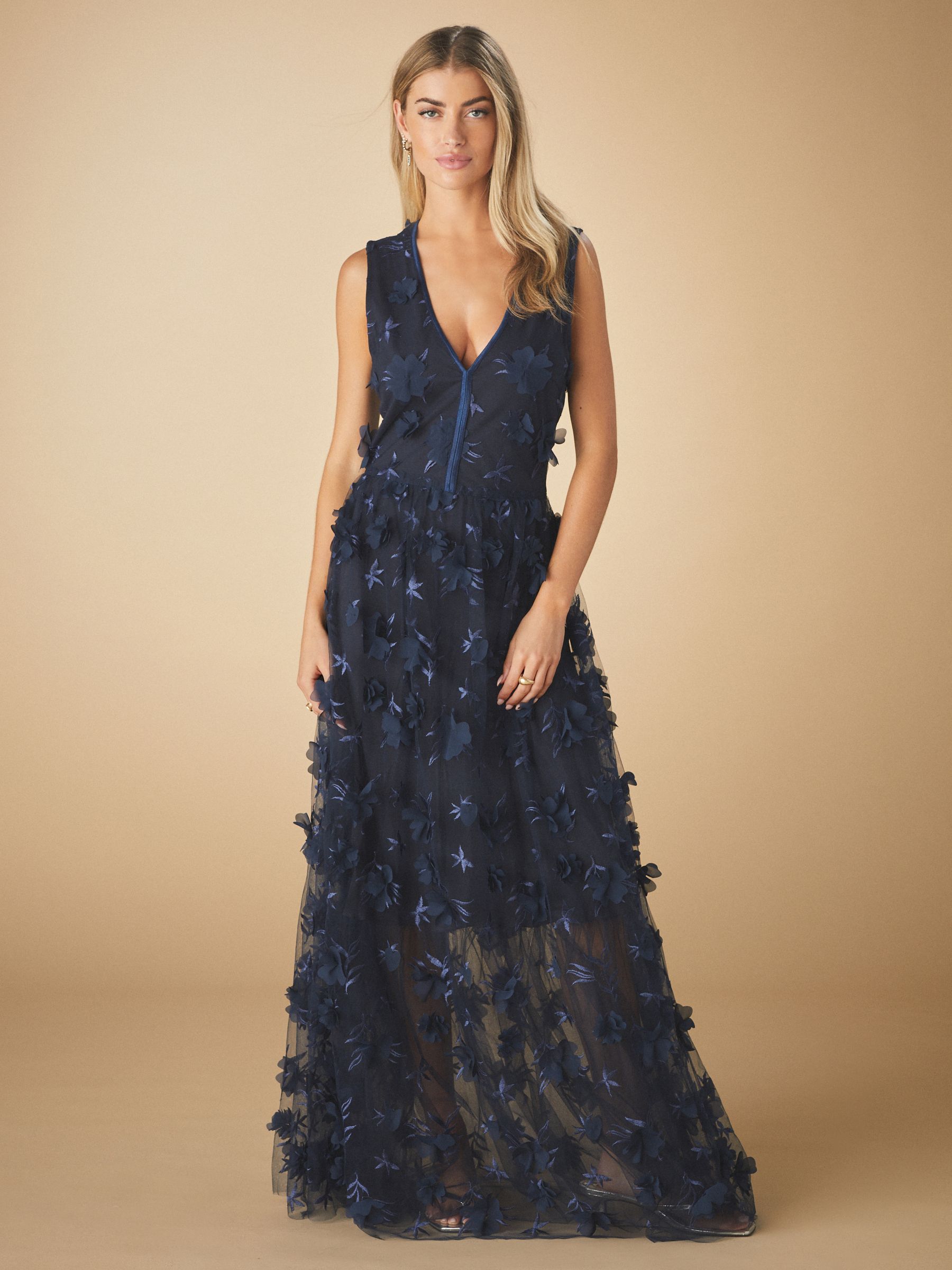 Nessa | Light Blue 3D Floral Square-Neck Maxi Dress With Sheer Skirt