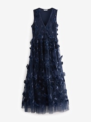 Blue Navy 3D Floral Print Textured V-Neck Maxi Dress - Image 6 of 9