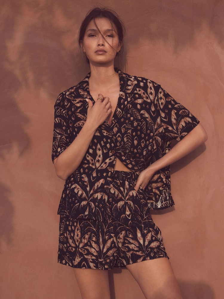 Black/Brown Print Broderie Holiday Shorts - Image 1 of 6