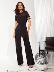 Friends Like These Black High Neck Short Sleeve Sequin Trim Jumpsuit - Image 1 of 4