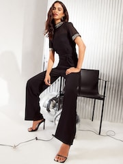 Friends Like These Black High Neck Short Sleeve Sequin Trim Jumpsuit - Image 2 of 4