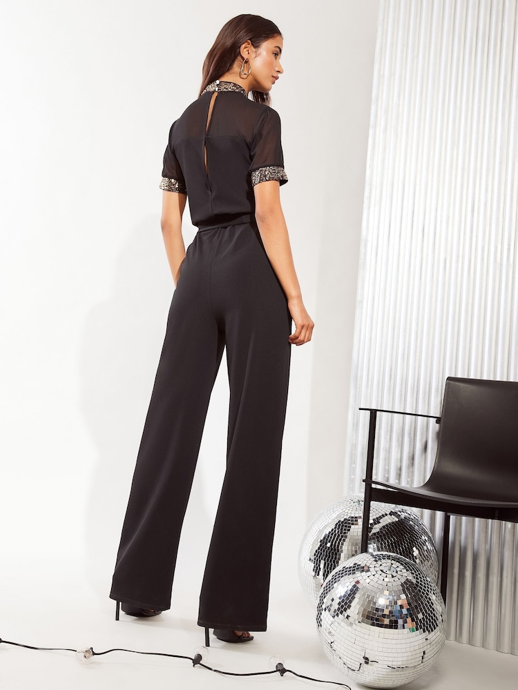 Friends Like These Black High Neck Short Sleeve Sequin Trim Jumpsuit - Image 4 of 4