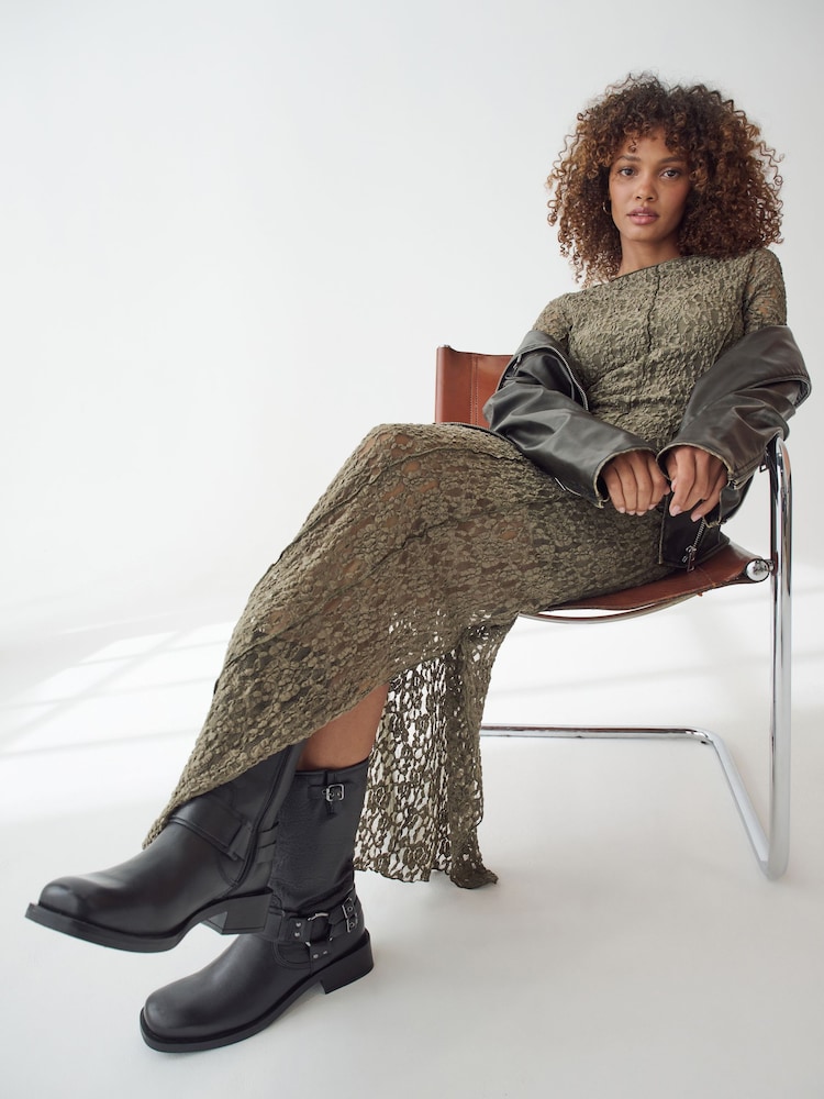 Khaki Green Long Sleeve Lace Maxi Dress - Image 1 of 6