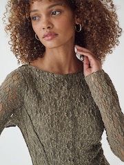 Khaki Green Long Sleeve Lace Maxi Dress - Image 4 of 6