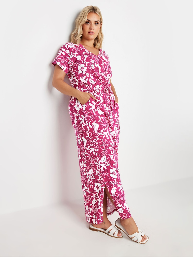 Yours Curve Pink Two Tone Summer Swirl Side Split Drawcord 100% Cotton Maxi Dress - Image 1 of 4