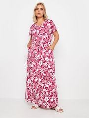 Yours Curve Pink Two Tone Summer Swirl Side Split Drawcord 100% Cotton Maxi Dress - Image 2 of 4