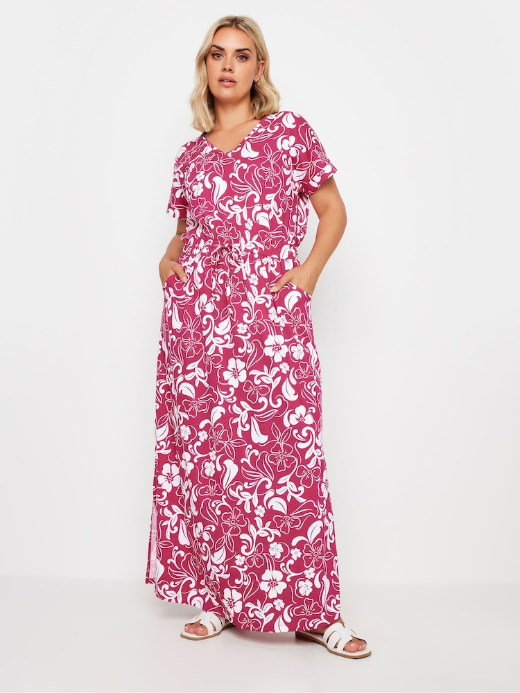 Yours Curve Pink Two Tone Summer Swirl Side Split Drawcord 100% Cotton Maxi Dress - Image 2 of 4