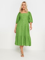 Yours Curve Green Anglaise Shirred Button Front Dress - Image 1 of 5