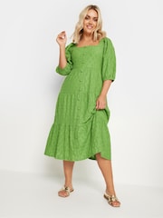 Yours Curve Green Anglaise Shirred Button Front Dress - Image 3 of 5
