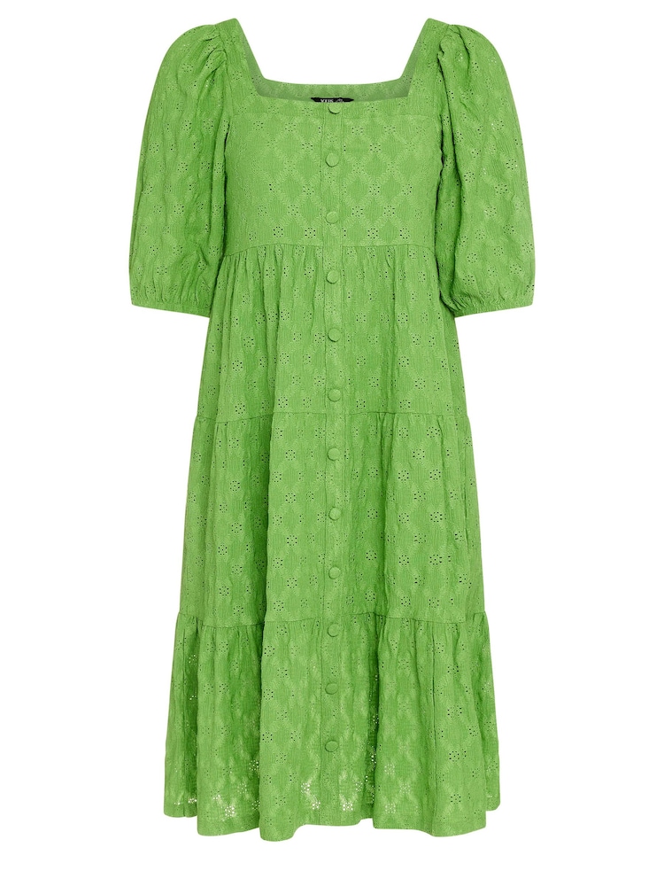 Yours Curve Green Anglaise Shirred Button Front Dress - Image 5 of 5