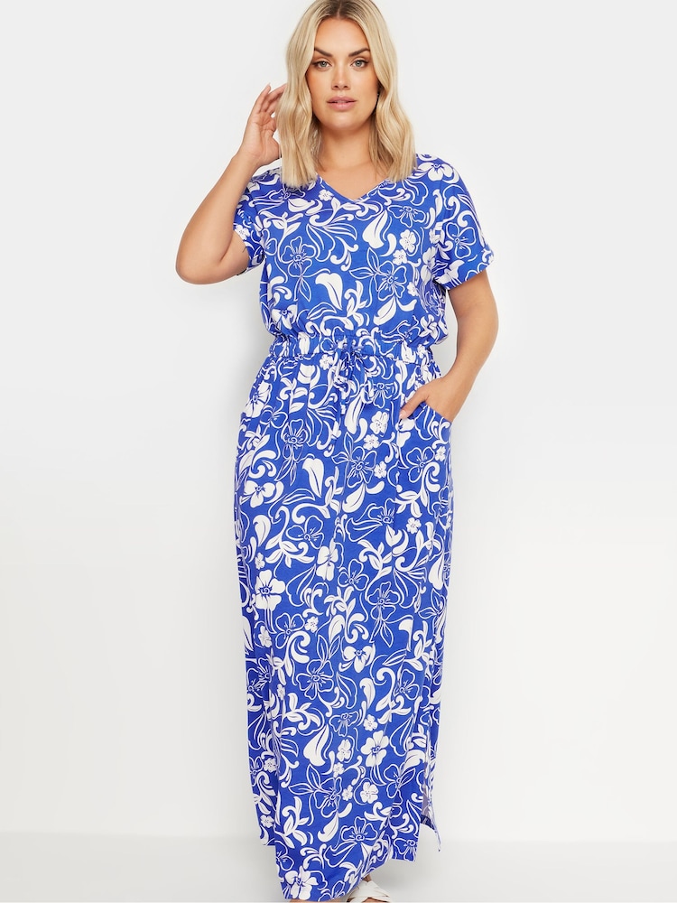 Yours Curve Blue Two Tone Summer Swirl Side Split Drawcord 100% Cotton Maxi Dress - Image 1 of 5