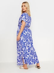 Yours Curve Blue Two Tone Summer Swirl Side Split Drawcord 100% Cotton Maxi Dress - Image 2 of 5