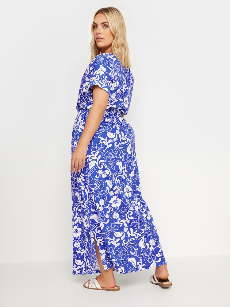 Yours Curve Blue Two Tone Summer Swirl Side Split Drawcord 100% Cotton Maxi Dress - Image 2 of 5