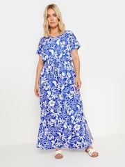 Yours Curve Blue Two Tone Summer Swirl Side Split Drawcord 100% Cotton Maxi Dress - Image 3 of 5
