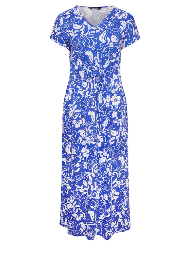 Yours Curve Blue Two Tone Summer Swirl Side Split Drawcord 100% Cotton Maxi Dress - Image 5 of 5