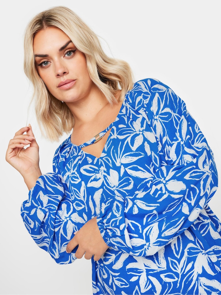 Yours Curve Blue Floral Balloon Sleeve Blouse - Image 1 of 5