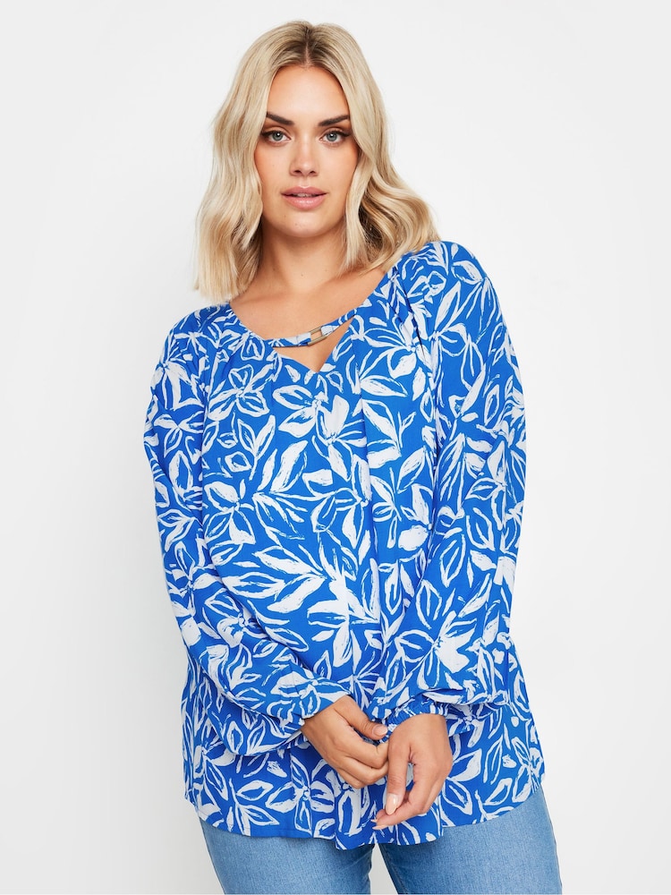 Yours Curve Blue Floral Balloon Sleeve Blouse - Image 2 of 5