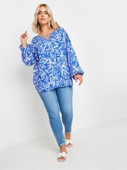 Yours Curve Blue Floral Balloon Sleeve Blouse - Image 4 of 5