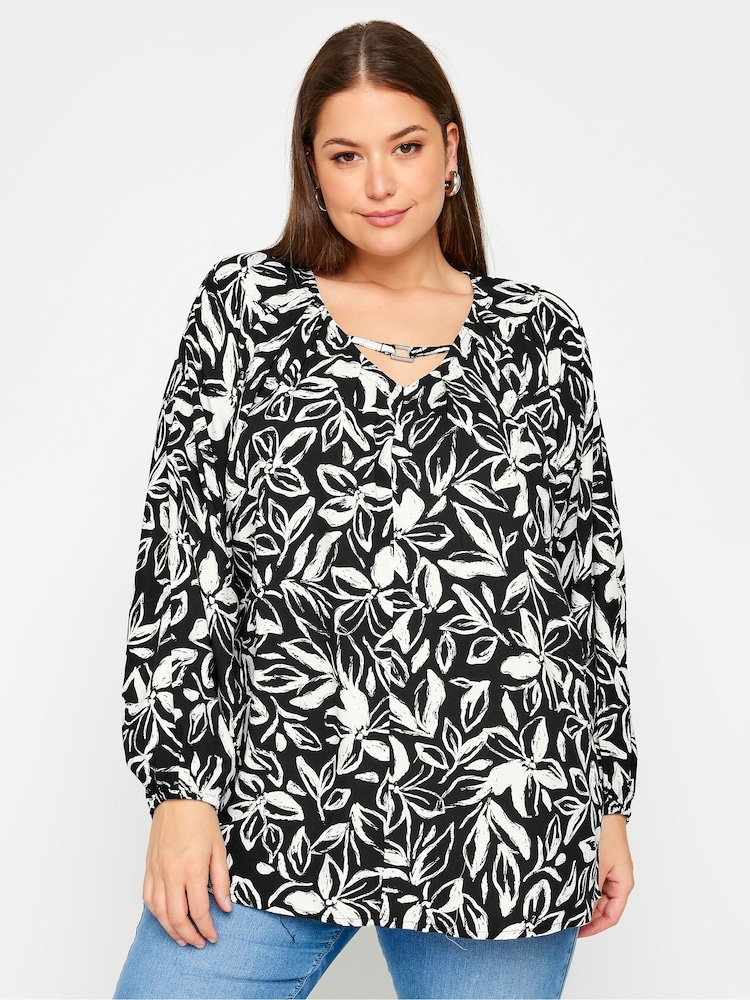 Yours Curve Black Floral Balloon Sleeve Blouse - Image 1 of 5
