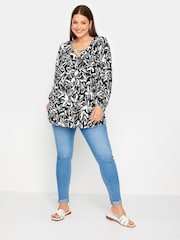Yours Curve Black Floral Balloon Sleeve Blouse - Image 2 of 5