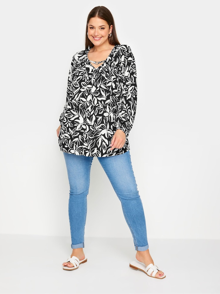 Yours Curve Black Floral Balloon Sleeve Blouse - Image 2 of 5