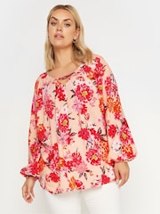 Yours Curve Pink Floral Balloon Sleeve Blouse - Image 1 of 5
