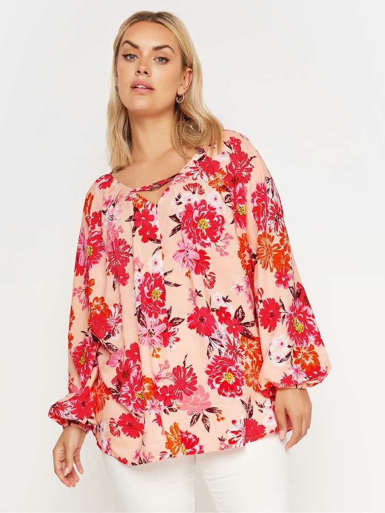Yours Curve Pink Floral Balloon Sleeve Blouse - Image 1 of 5