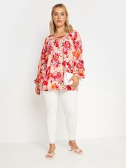 Yours Curve Pink Floral Balloon Sleeve Blouse - Image 2 of 5