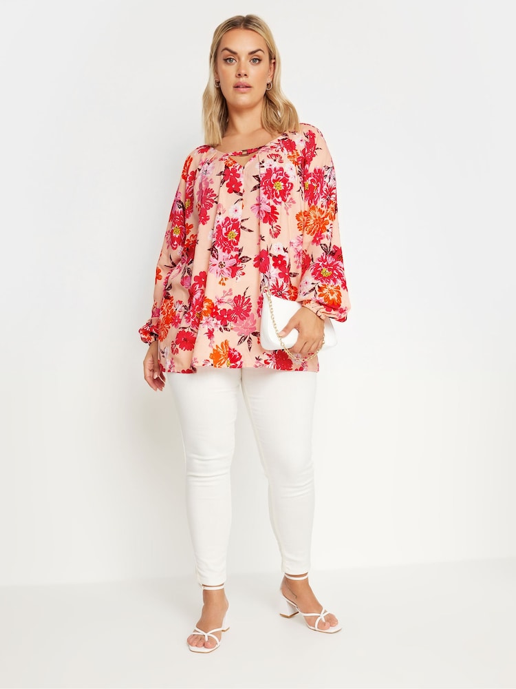 Yours Curve Pink Floral Balloon Sleeve Blouse - Image 2 of 5