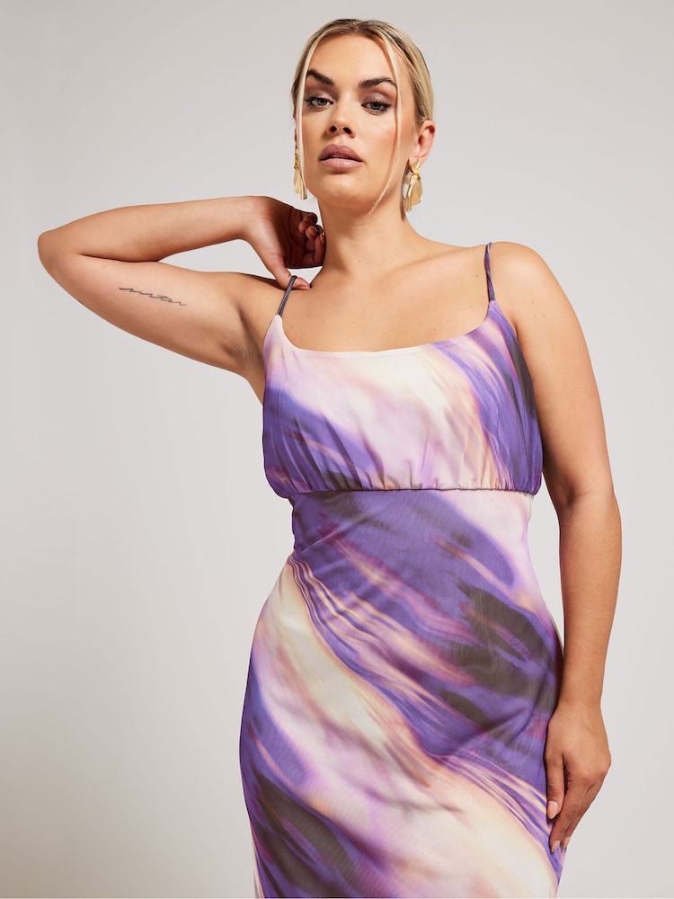 Yours Curve Purple Abstract Ombre Mesh Column Dress - Image 2 of 5