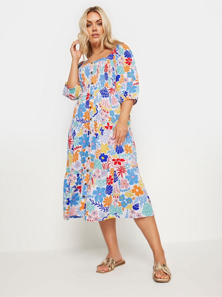 Yours Curve White Abstract Button Front Printed Maxi Dress - Image 1 of 5