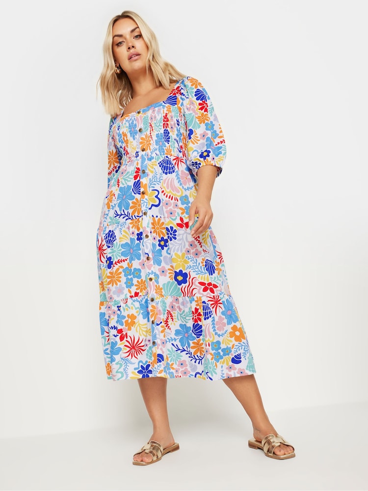 Yours Curve White Abstract Button Front Printed Maxi Dress - Image 2 of 5
