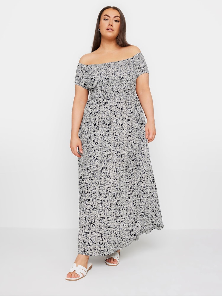 Yours Curve Blue Floral Print Bardot Midaxi Dress - Image 1 of 5