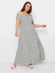 Yours Curve Blue Floral Print Bardot Midaxi Dress - Image 2 of 5