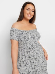 Yours Curve Blue Floral Print Bardot Midaxi Dress - Image 4 of 5
