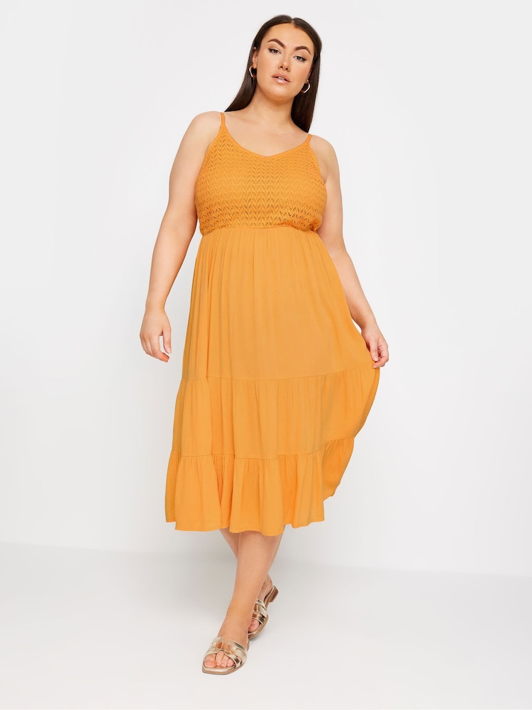 Yours Curve Orange Limited Collection Crochet Crinkle Midaxi Dress - Image 1 of 5