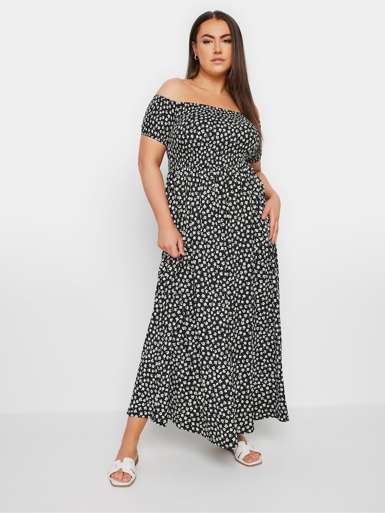 Yours Curve Black Floral Print Bardot Midaxi Dress - Image 1 of 5
